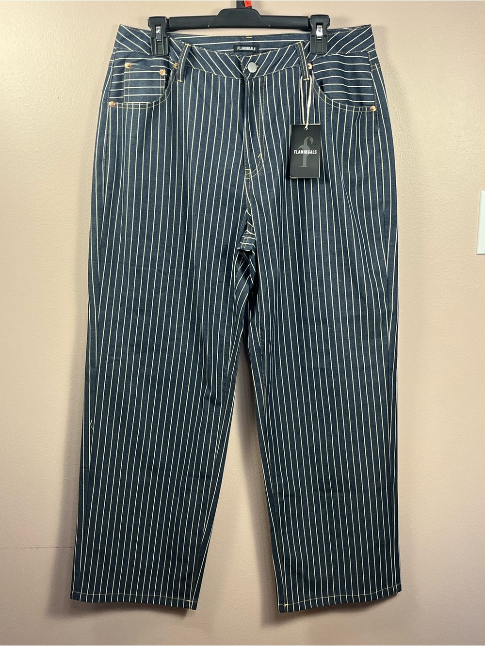 Flamingals Navy Pinstripe Wide-Leg High-Rise Pants